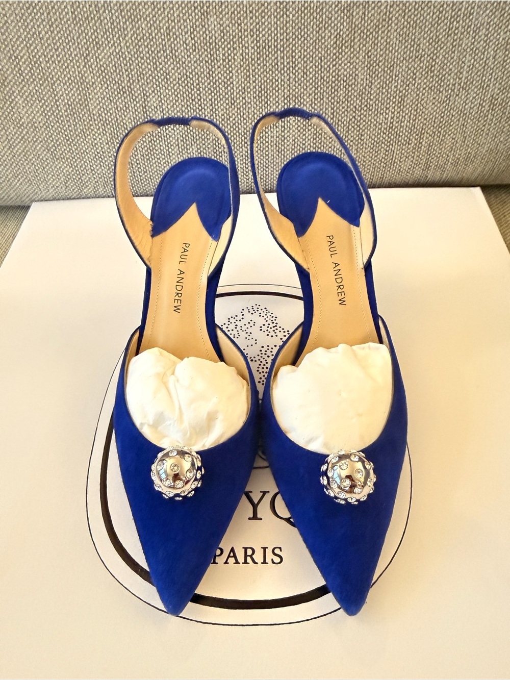 Paul Andrew Cobalt Pointed Slingback Pumps with Jeweled Medallion